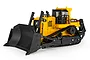 A studio shot of a yellow and black HuiNa 1554 RC bulldozer toy on a white background.