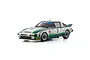 Kyosho Mini-Z Mazda Savanna RX-7 RC car in white and green race livery with number 7 on the hood and doors.