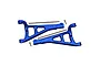 A pair of blue anodized aluminium front upper suspension arms for an RC car, including two metal hinge pins and two small screws.
