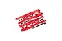 A pair of red anodized aluminium front suspension arms for an RC car, including mounting screws and hardware, isolated on a white background.