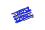 A pair of blue anodized aluminium RC front suspension arms with mounting screws on a white background.