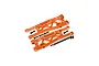 A pair of orange anodized aluminium front suspension arms for an RC car, including various black screws and hardware, isolated on a white background.