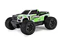 ARRMA Granite Mega 665 RC monster truck in green, white, and black livery, shown from a front three-quarter angle on a white background.