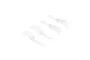 Four transparent two-blade propellers for RC drones arranged in a diagonal line on a white background.