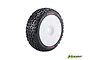 A single Louise B-Mazinger RC buggy tyre pre-glued onto a white dished wheel rim against a white background.