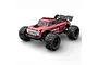 A red MJX HyperGo 1/10 scale RC monster truck with large black off-road tires and a rear spoiler, shown against a white background.