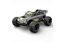 A grey MJX HyperGo 1/10 scale RC monster truck with yellow racing stripes, large off-road tires, and a rear spoiler, viewed from a high angle.