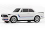 A side-profile studio shot of a white HPI Nano-TTR BMW 2002 Turbo RC car featuring iconic blue and red racing stripes on a white background.