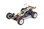 A fully assembled Team Associated RC10 vintage-style 2WD electric RC buggy with a white, blue, and yellow body shell on a white background.