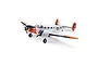 E-Flite Beechcraft D18/RC-45J RC plane in white, orange, and black US Navy livery, shown from a front three-quarter angle on a white background.