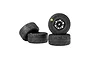 Four Pro-Line Vector RC car wheels with black split-six rims and treaded rubber tyres, arranged in a small stack against a white background.