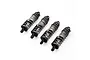 Four Pro-Line PowerStroke adjustable RC shock absorbers with black bodies and grey springs arranged on a white background.