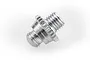 A close-up studio shot of a metallic Iwata airbrush nozzle cap with threaded ends and a knurled grip section.