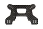 A flat, carbon fibre RC front shock tower with multiple mounting holes and a central cutout, isolated on a white background.