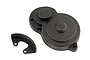 A black plastic gear cover and a separate small curved mounting bracket for a Team Associated RC vehicle.