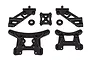 A set of black plastic RC car parts including two shock towers, two wing mount arms, a central brace, and two washers on a white background.