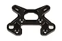 A black anodized aluminium front shock tower for an RC car, featuring multiple mounting holes and a central cutout, isolated on a white background.