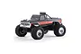 A black FMS Ford F-100 RC monster truck with red side stripes, large off-road tires, and a roof-mounted light bar, isolated on a white background.