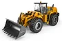 A studio shot of a Huina 1583 RC front end loader in yellow and black, featuring a large front bucket and detailed cabin.