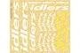 A sheet of white Idlers tyre decals on a light yellow backing paper, featuring various sizes of the Idlers logo.