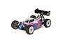 Kyosho Inferno MP11e 1/8 scale electric RC buggy with a white, pink, and blue painted body shell against a white background.
