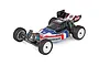 Team Associated RB10 1/10 scale 2WD RC buggy with a retro-inspired red, white, and blue body shell on a white background.