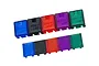 Five EasyLap transponder cases in blue, black, red, purple, and green, shown from top and bottom angles against a white background.