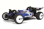Maverick MiCROBE Flux 1/24 scale RC buggy in blue and white livery with white wheels and black off-road tires.