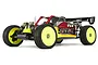 TLR 5IVE-B 1/5 scale petrol RC buggy featuring a red, black, and yellow body with bright yellow wheels against a white background.