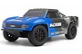 A Maverick MiCROBE SC 1/24 scale RC short course truck in blue and grey, shown from a front three-quarter angle against a white background.