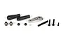 A Losi steering linkage set including a silver servo horn, two black plastic rod ends, two metal ball studs, nuts, and various screws on a white background.