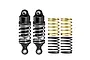 Two black GPM Racing adjustable RC shock absorbers with silver springs installed, plus two additional pairs of spare springs in gold and black.