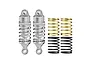 Two silver aluminium RC shock absorbers with adjustable collars, accompanied by two gold and two black replacement coil springs.