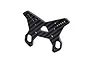 A black carbon fibre front shock tower for an RC car with multiple mounting holes and a triangular cutout.