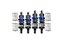 Four GPM Racing aluminium shock absorbers in blue and black, with two additional loose springs, displayed against a white background.