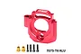 A red anodized aluminium adjustable motor mount by GPM Racing, shown with two brass bushings and four black screws on a white background.