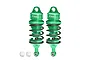 Two green GPM Racing aluminium adjustable RC shock absorbers with black springs and two white ball joint inserts on a white background.