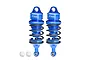 Two GPM Racing blue aluminium adjustable RC shock absorbers with black springs and two white plastic ball ends on a white background.