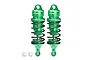 Two green GPM Racing aluminium adjustable RC shock absorbers with black springs and two small white plastic ball ends on a white background.