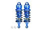 Two blue GPM Racing aluminium adjustable RC shock absorbers with black springs and two small white plastic ball joint inserts on a white background.