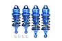 Four blue anodized aluminium RC shock absorbers with black springs and four small white plastic ball ends on a white background.