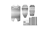 GPM Racing stainless steel chassis skid plate set including three metal plates, various screws, spacers, and nuts on a white background.