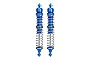 Two blue GPM Racing aluminium adjustable double spring RC shock absorbers standing vertically against a white background.