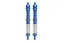 Two GPM Racing blue aluminium adjustable double-spring RC shock absorbers standing vertically against a white background.
