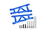Two blue anodized aluminium RC suspension arms with included metal hinge pins, screws, and e-clips on a white background.