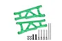 Two green anodized aluminium RC suspension arms with included metal hinge pins, screws, and E-clips on a white background.