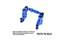 A blue anodized aluminium steering bell crank and drag link assembly for an RC car, featuring GPM branding and pre-installed bearings.