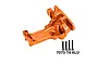 An orange anodized aluminium front upper bulkhead for an RC car by GPM Racing, shown with four black mounting screws on a white background.