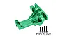 A green anodized aluminium front upper bulkhead for an RC car by GPM Racing, shown with four black mounting screws.
