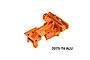 An orange anodized aluminium rear upper bulkhead for an RC car, featuring GPM branding and 7075-T6 alloy markings.